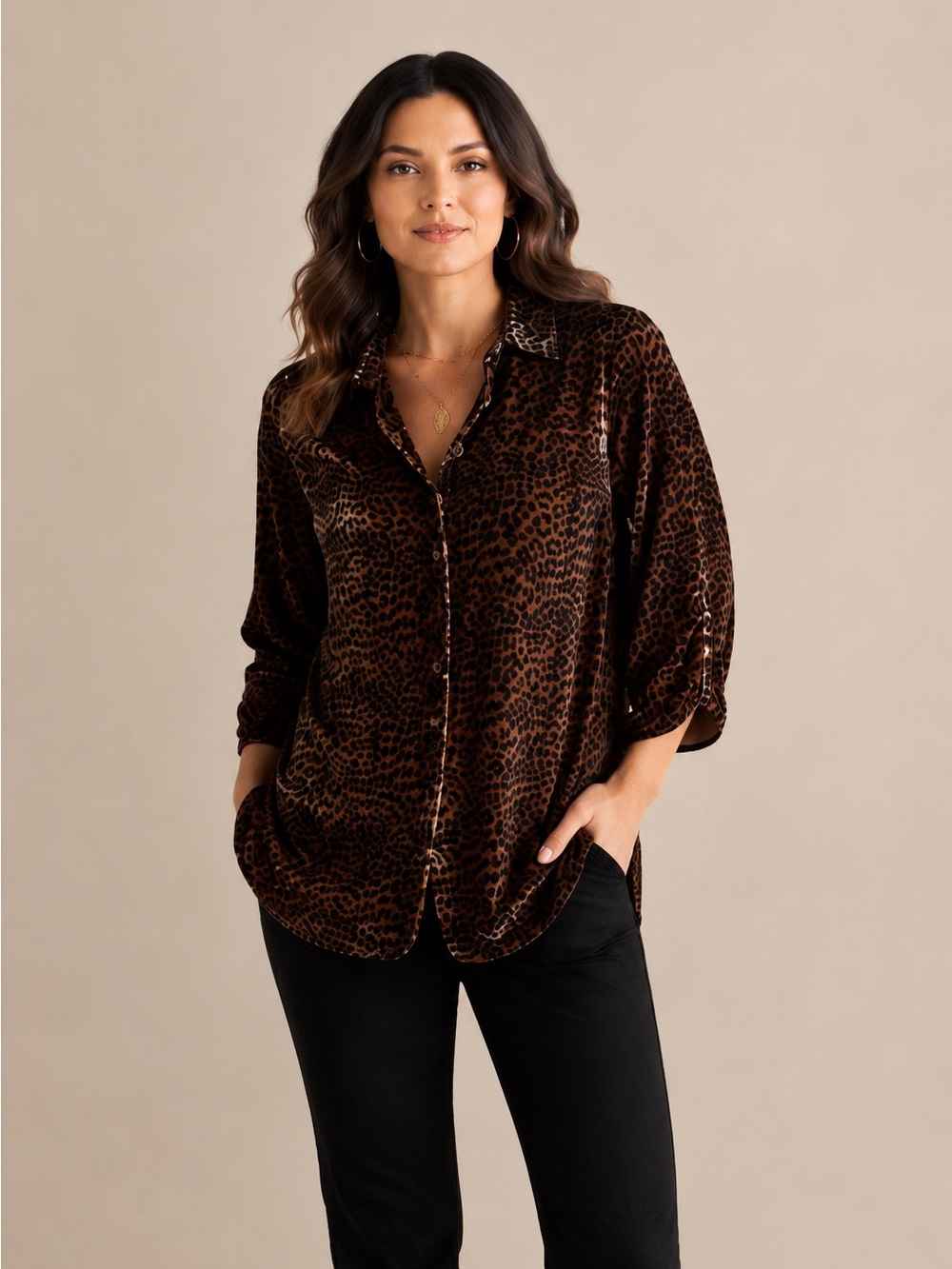 Soft Surroundings Icon Silk Velvet Poets Tunic Shirt Leopard Print Velvet Medium